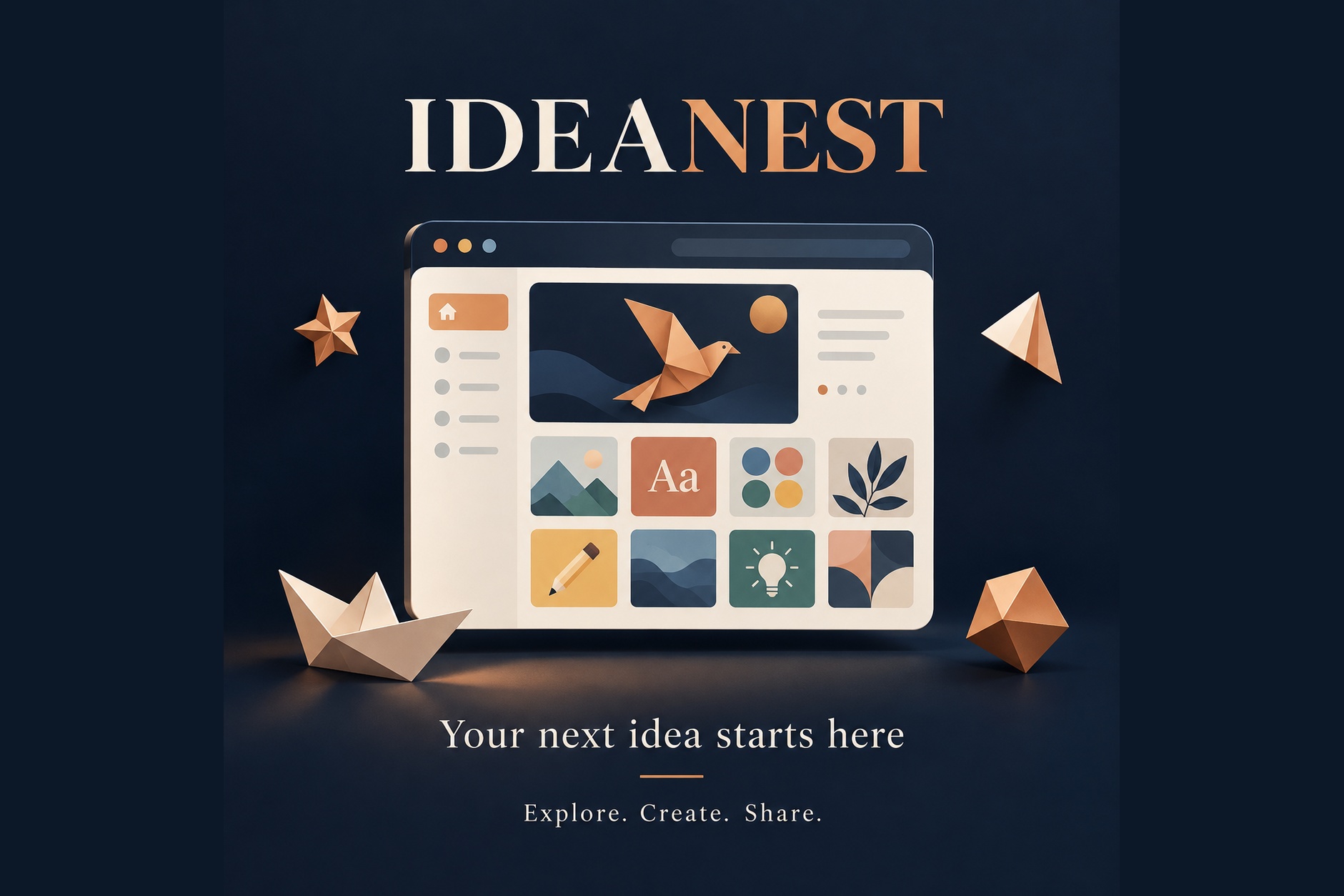 AI-generated example: fictional IdeaNest website-launch poster in navy and copper, with an origami bird browser illustration.