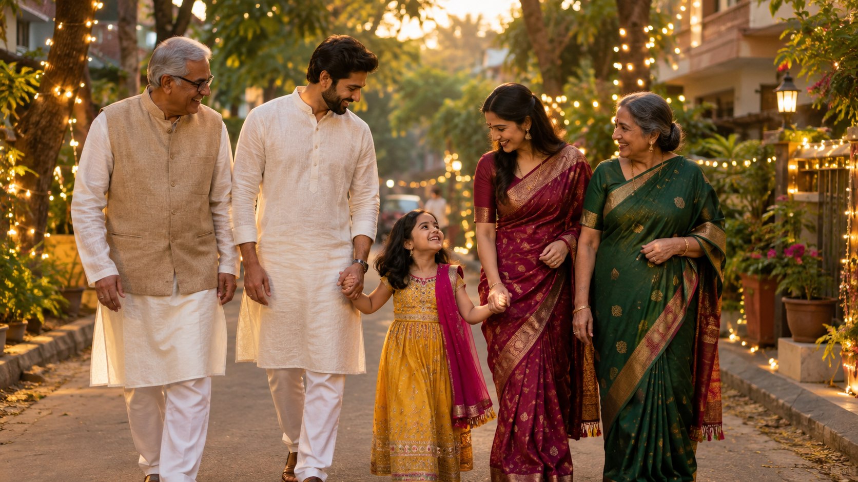 Shaam ko festive lights me saath walk karti ek family