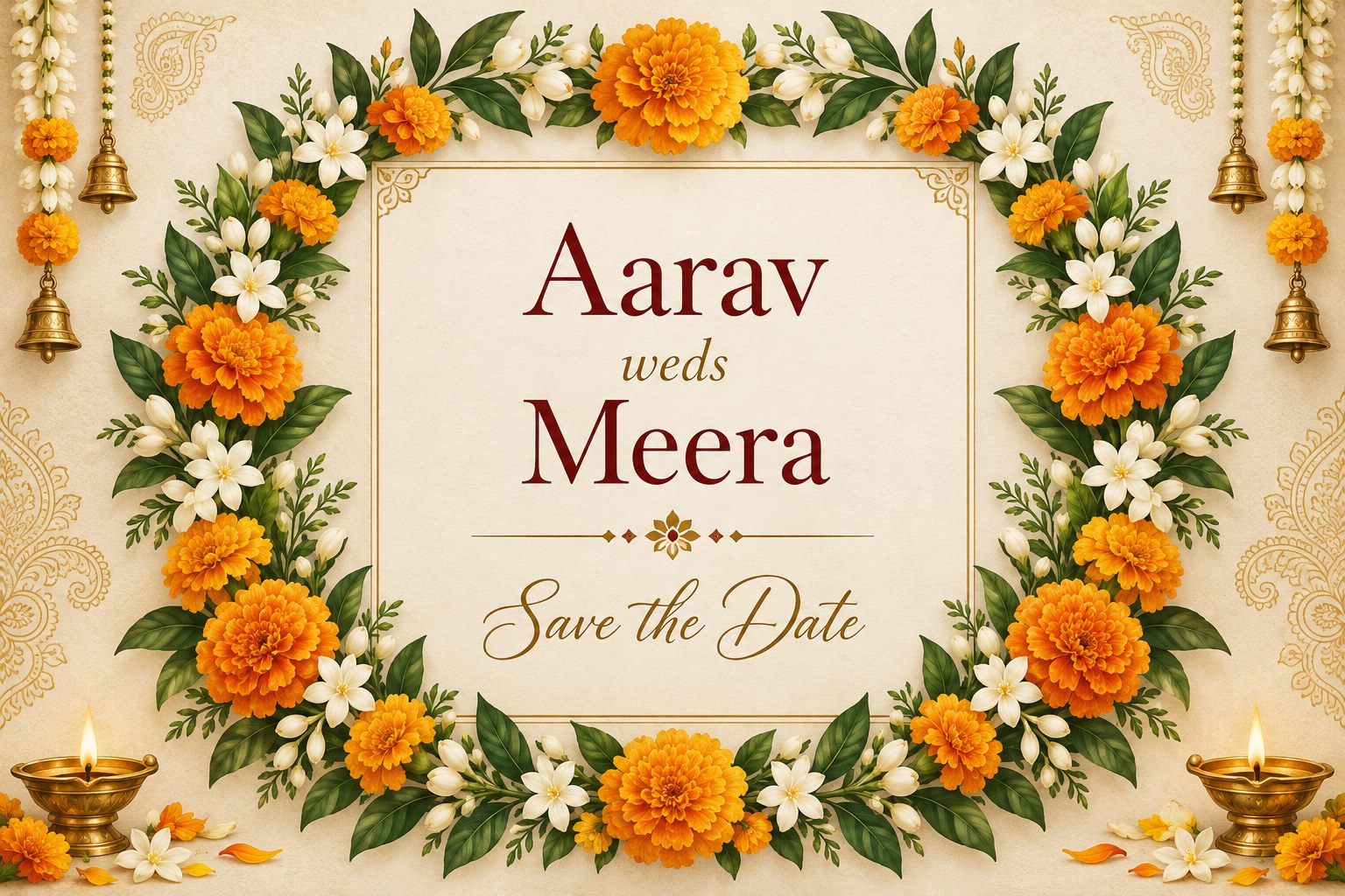 AI-generated wedding invitation card example for a fictional couple: marigold and jasmine floral wreath with bells and diyas around a cream card reading Aarav weds Meera and Save the Date; ivory, gold and maroon palette; no real people depicted.