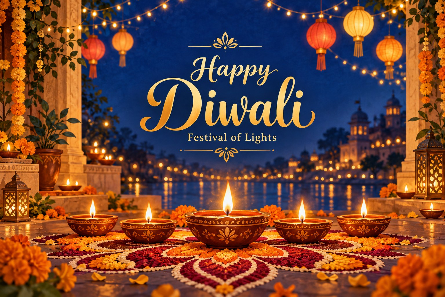 AI-generated Diwali greeting card example: glowing clay diyas on a floral rangoli with lanterns and golden lights against a royal blue evening sky, gold lettering reading Happy Diwali and Festival of Lights.