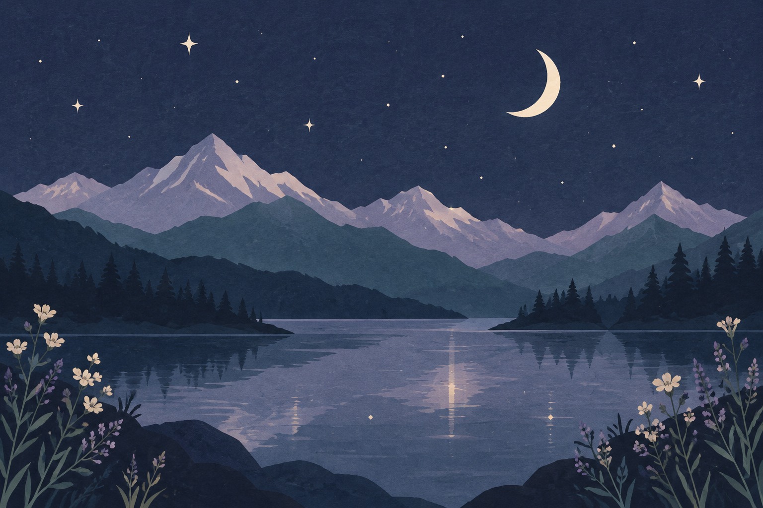AI-generated decorative landscape example: ivory crescent moon, lavender mountains, indigo lake and wildflowers in a paper-texture style; no real location depicted.