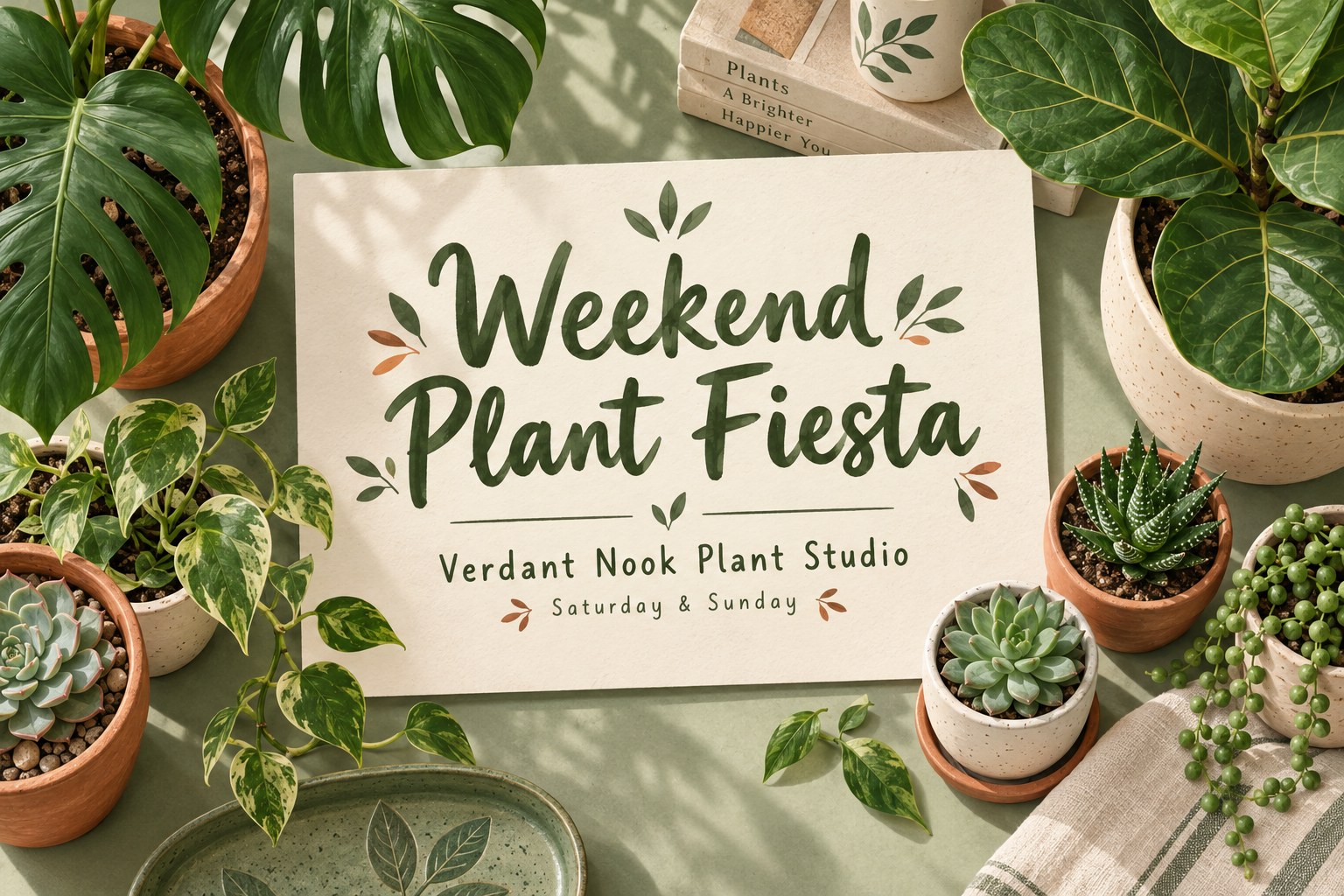 AI-generated promotion card example for a fictional plant studio: illustrated potted plants around a cream card reading Weekend Plant Fiesta, Verdant Nook Plant Studio, Saturday & Sunday; sage green and terracotta palette; no real business depicted.