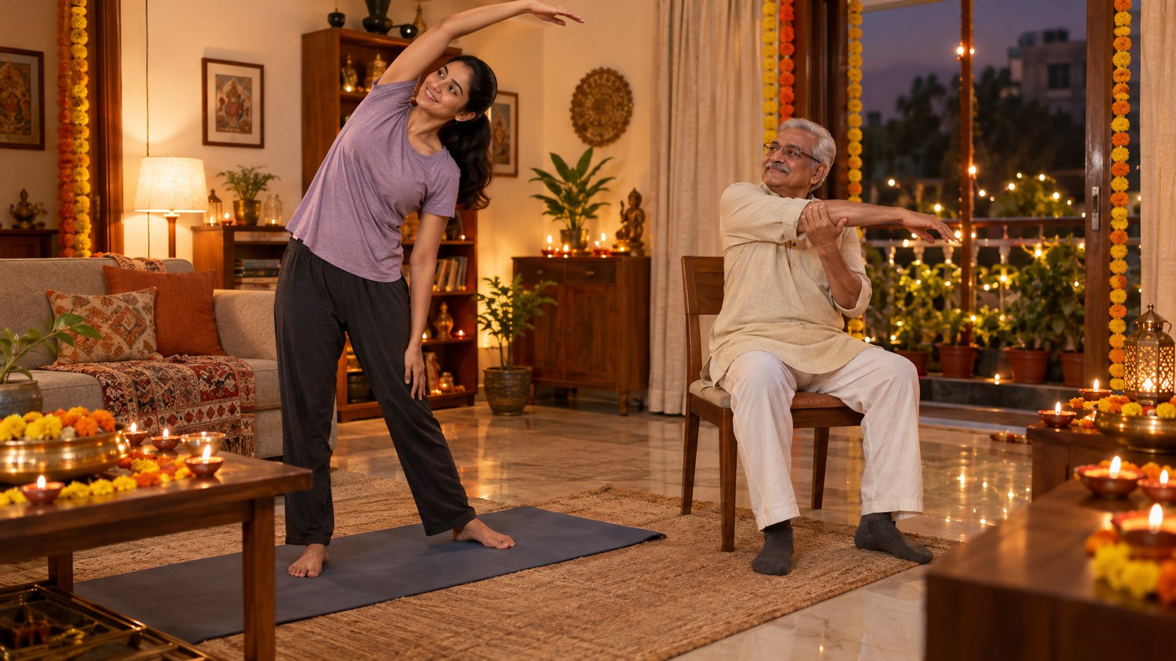 Ghar ke living room me halke stretching karte log
