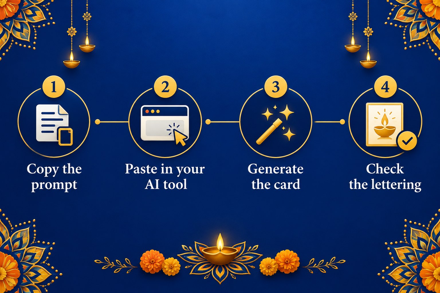 Diwali greeting card ka AI prompt - diyas aur rangoli ke saath festive design - step infographic
