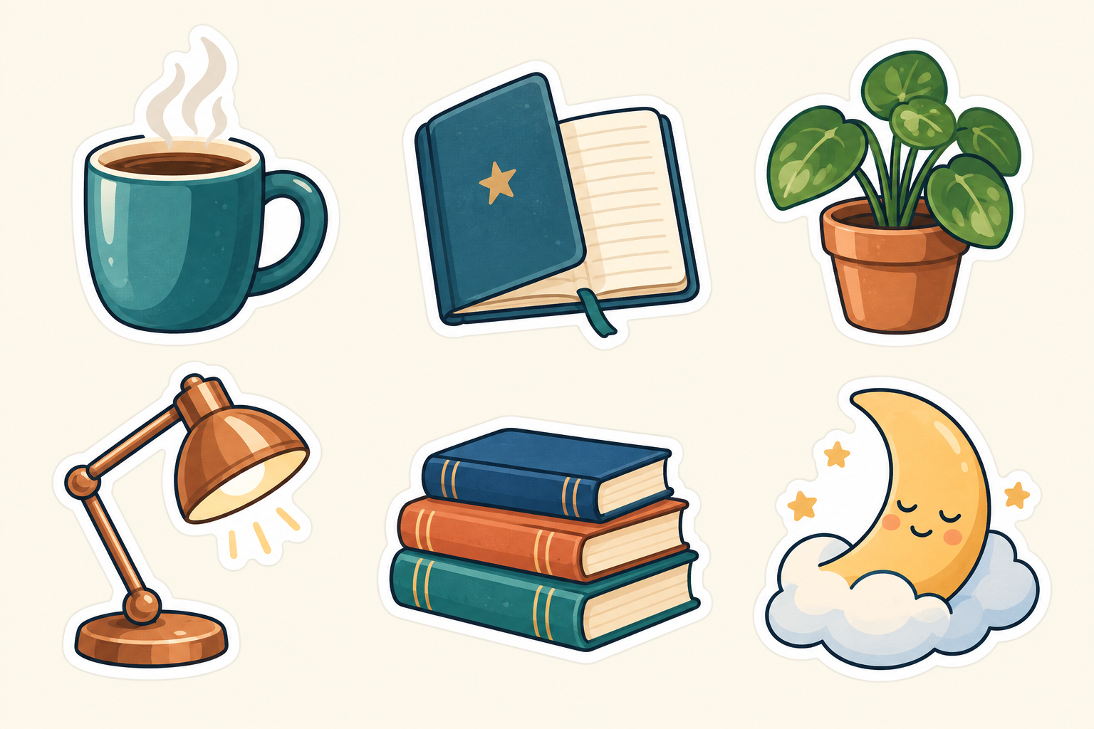 AI-generated example: six original cosy-workspace sticker-style illustrations on opaque ivory, including mug, notebook, plant, lamp, books and moon.