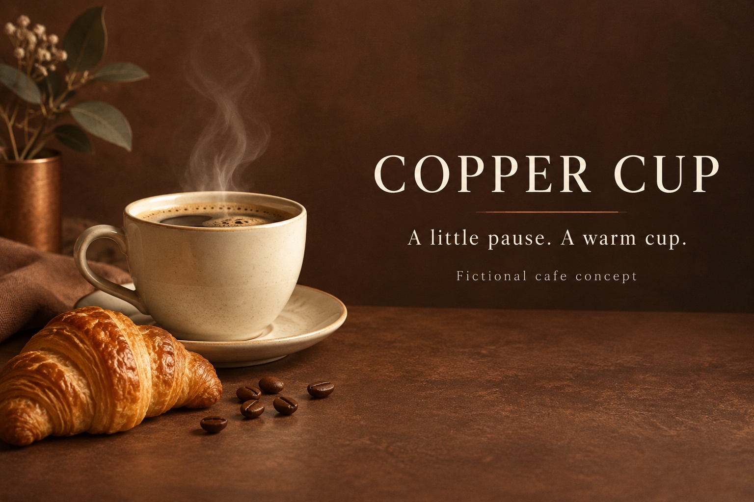 AI-generated example: fictional Copper Cup cafe advertising concept with coffee, croissant and three cream text lines on a brown background.