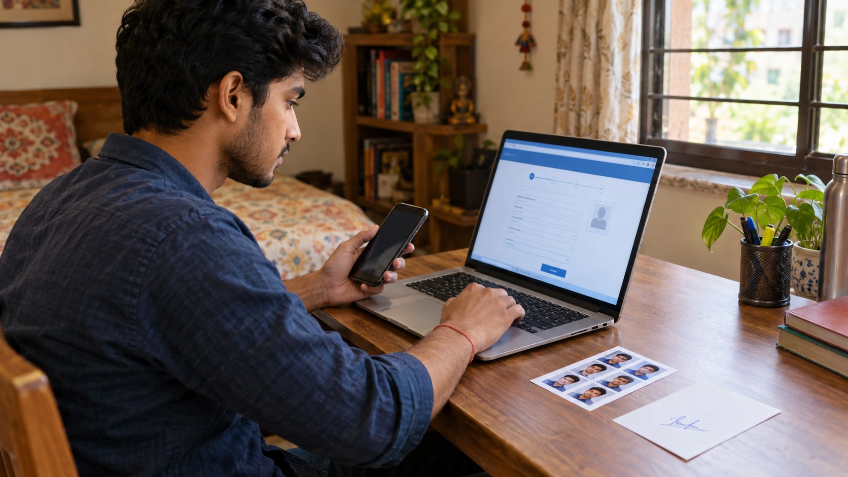 Online form ke liye photo taiyar karte hue ek candidate
