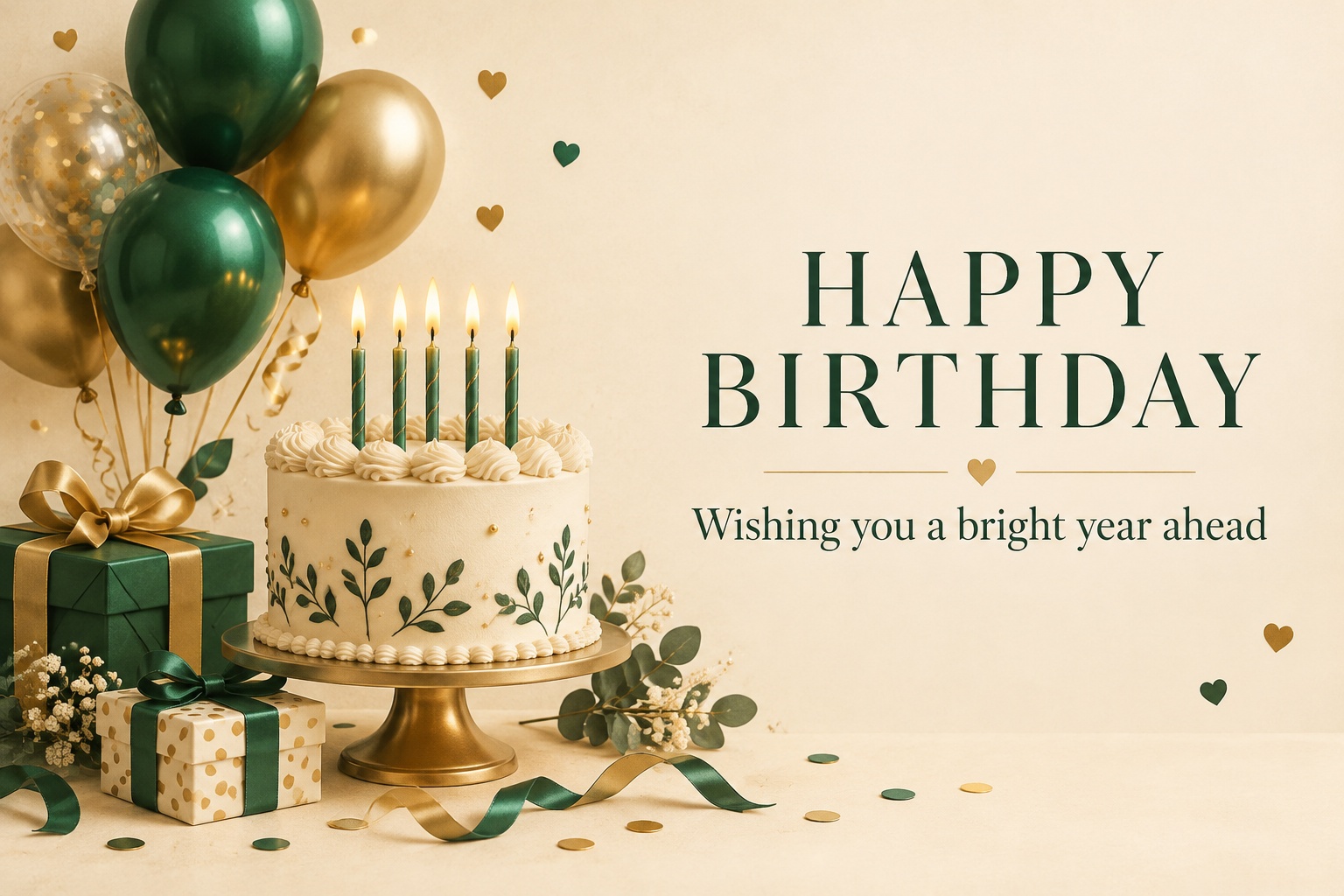 AI-generated example: emerald and gold birthday greeting with cake, balloons, HAPPY BIRTHDAY and a bright-year message.