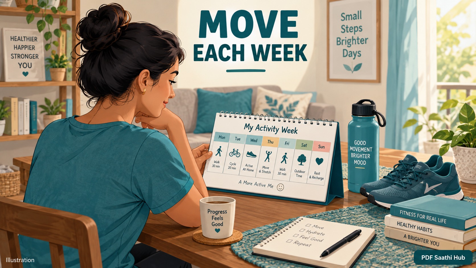 Weekly activity plan cover की illustration, व्यक्तिगत exercise prescription नहीं।